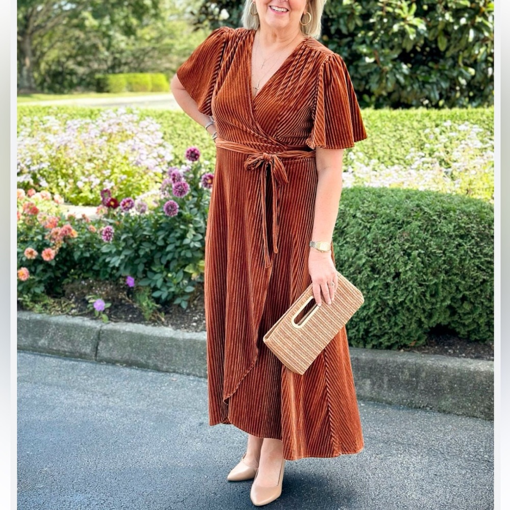 Elegant Burnt Orange Velvet Wrap Dress